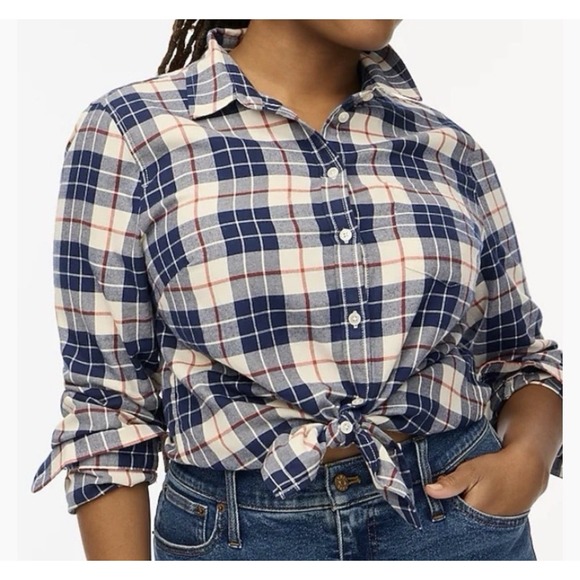 J.CREW Tops - J. Crew‎ Factory Button Front Plaid Flannel Shirt Women L Blue Western Preppy